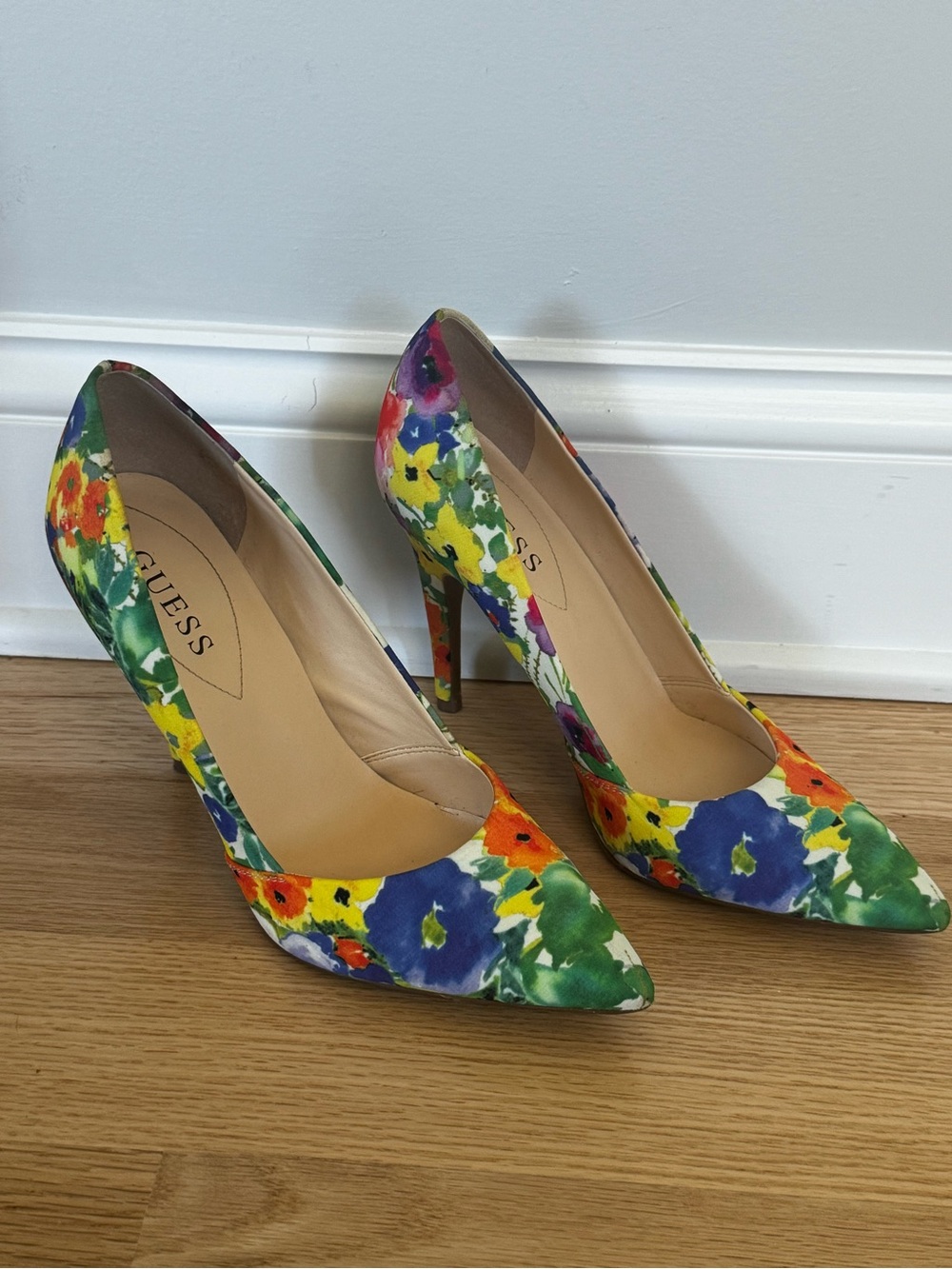 Guess Floral Pointed Toe Stilettos in Blue, Green, Yellow, Orange